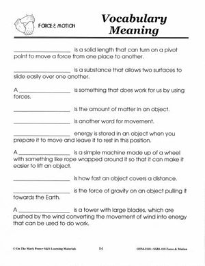 Force & Motion Vocabulary Meaning Worksheets Grades 1-3