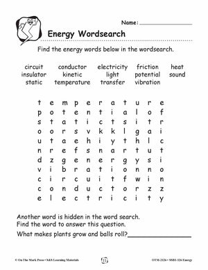 Energy Vocabulary/Word Search Lesson Plan Grades 1-3