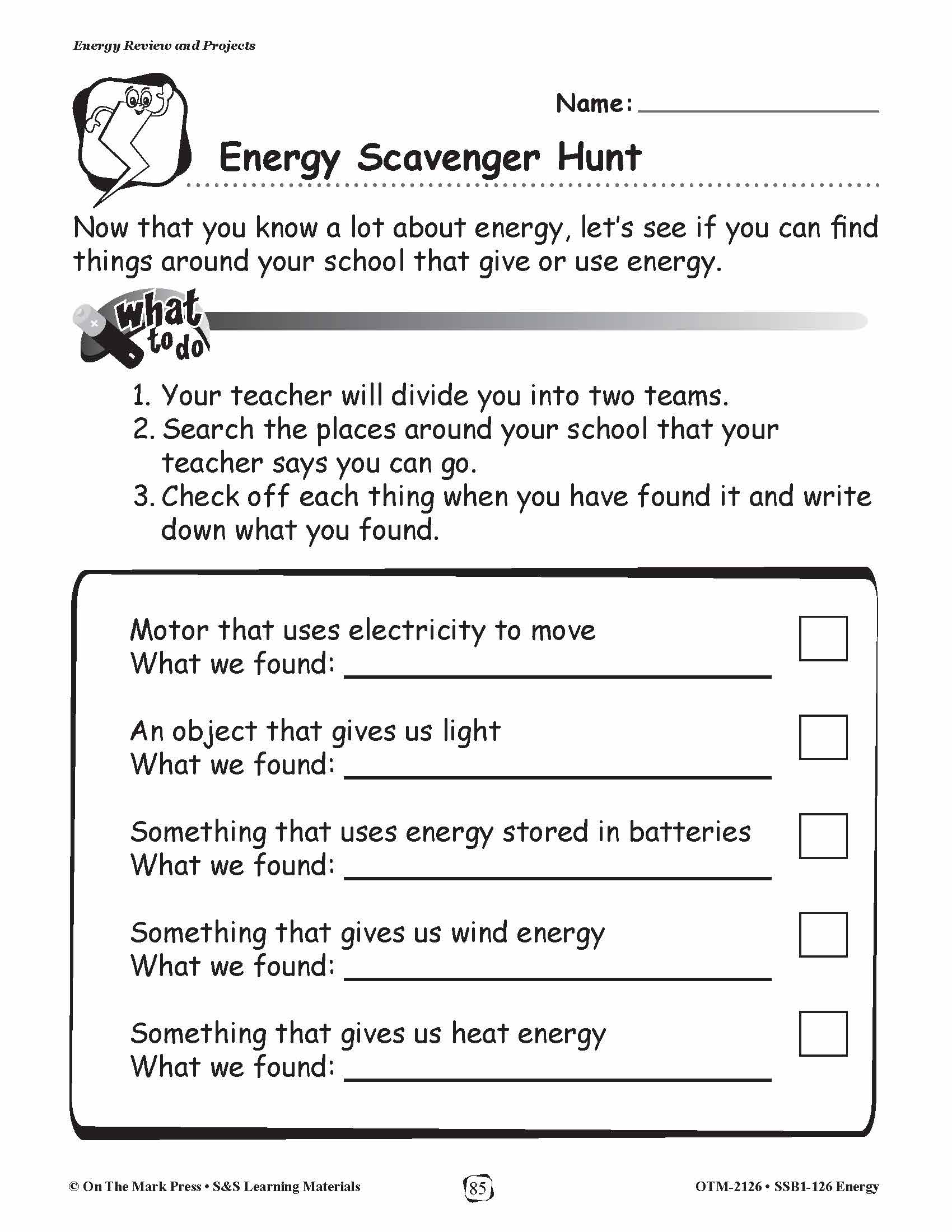 Energy Hunt Program Energy Scavenger Hunt Lesson Plan Grades 1-3