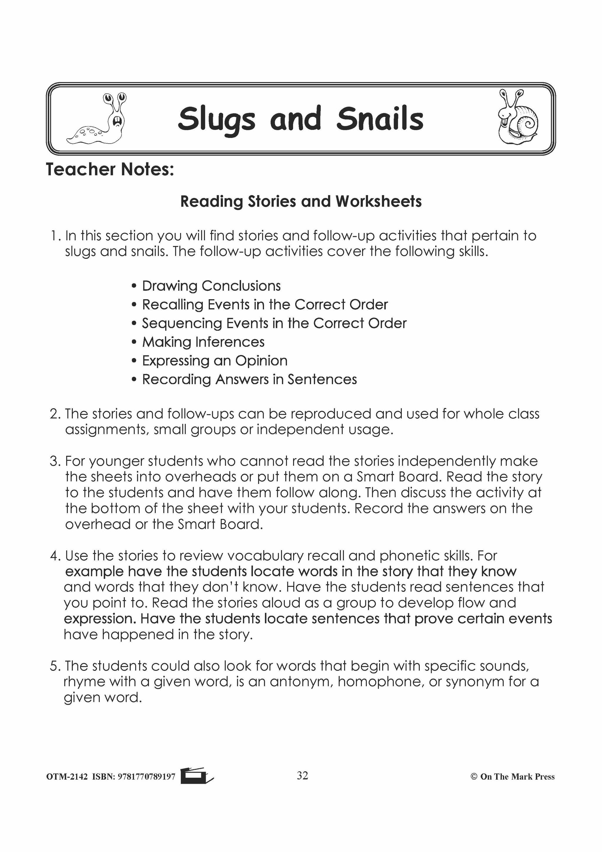 Slug Worksheet Slugs & Snails Reading Stories & Worksheets Grades 1-3