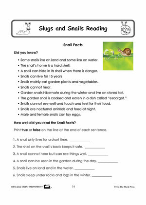 Slugs & Snails Reading Stories & Worksheets Grades 1-3