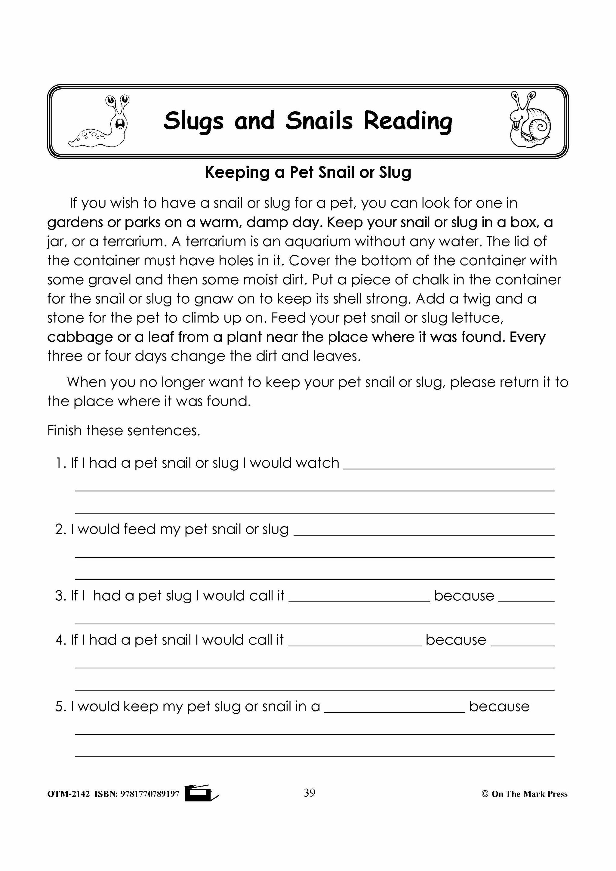 Slug Worksheet Slugs & Snails Reading Stories & Worksheets Grades 1-3