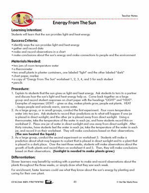 Energy From The Sun Lesson Plan Grade 1