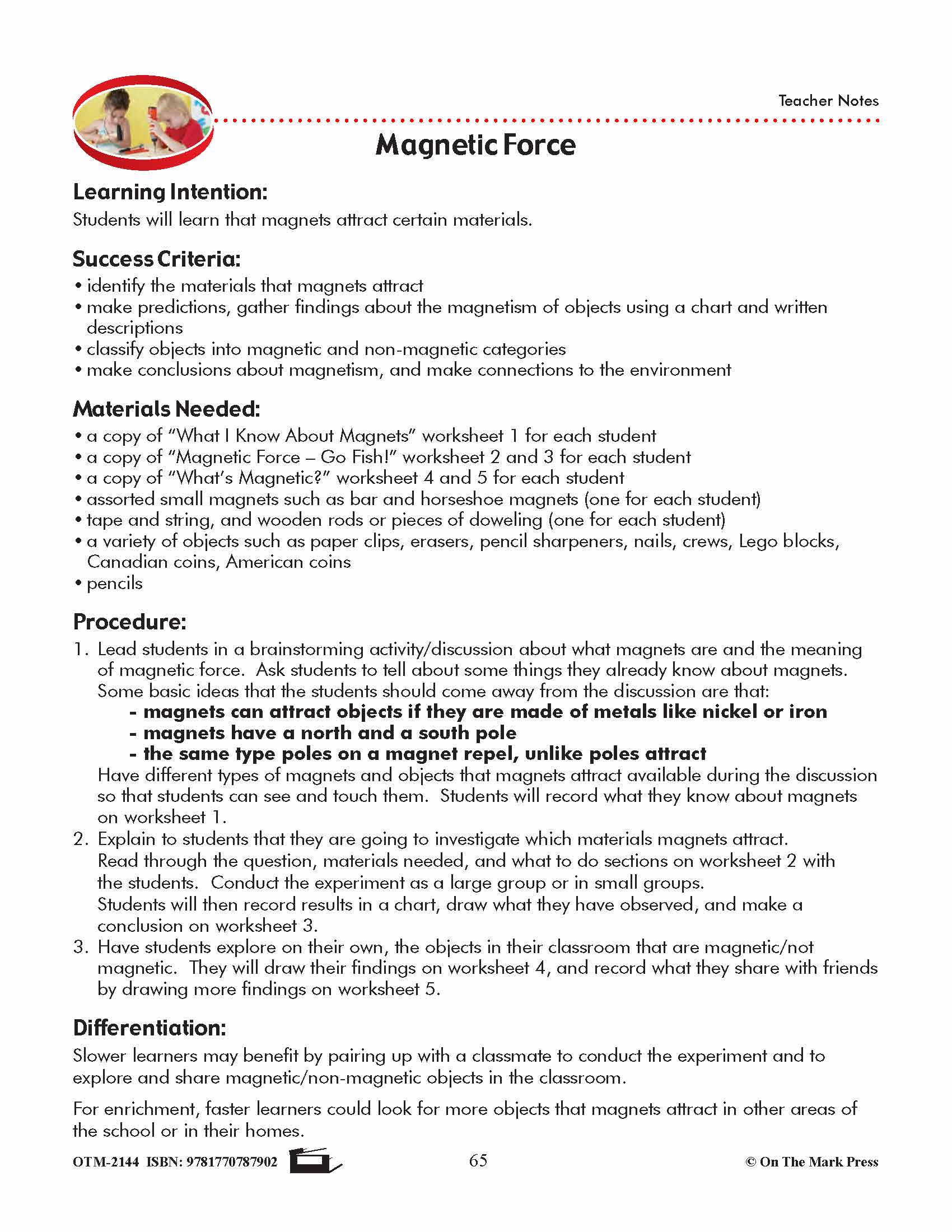 Magnetic Force Grade 1 Lesson & Five Worksheets