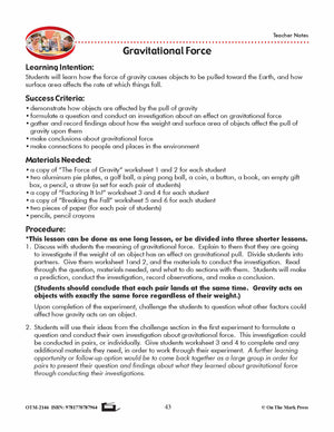 Gravitational Force Lesson Plan Grade 3