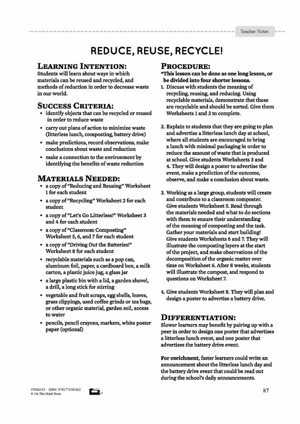 Reduce, Reuse, Recycle! Grade 4 Lesson Plan