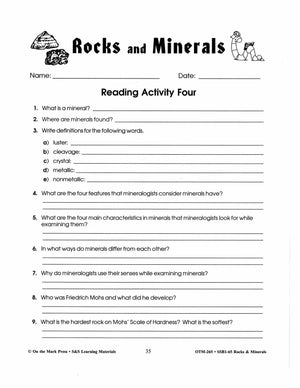 Rocks & Minerals - 9 Reading Cards & Follow-up Activities Grades 4-6