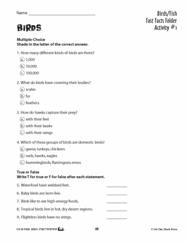 Birds Activities & Fast Fact Reading Folder Grades 3+