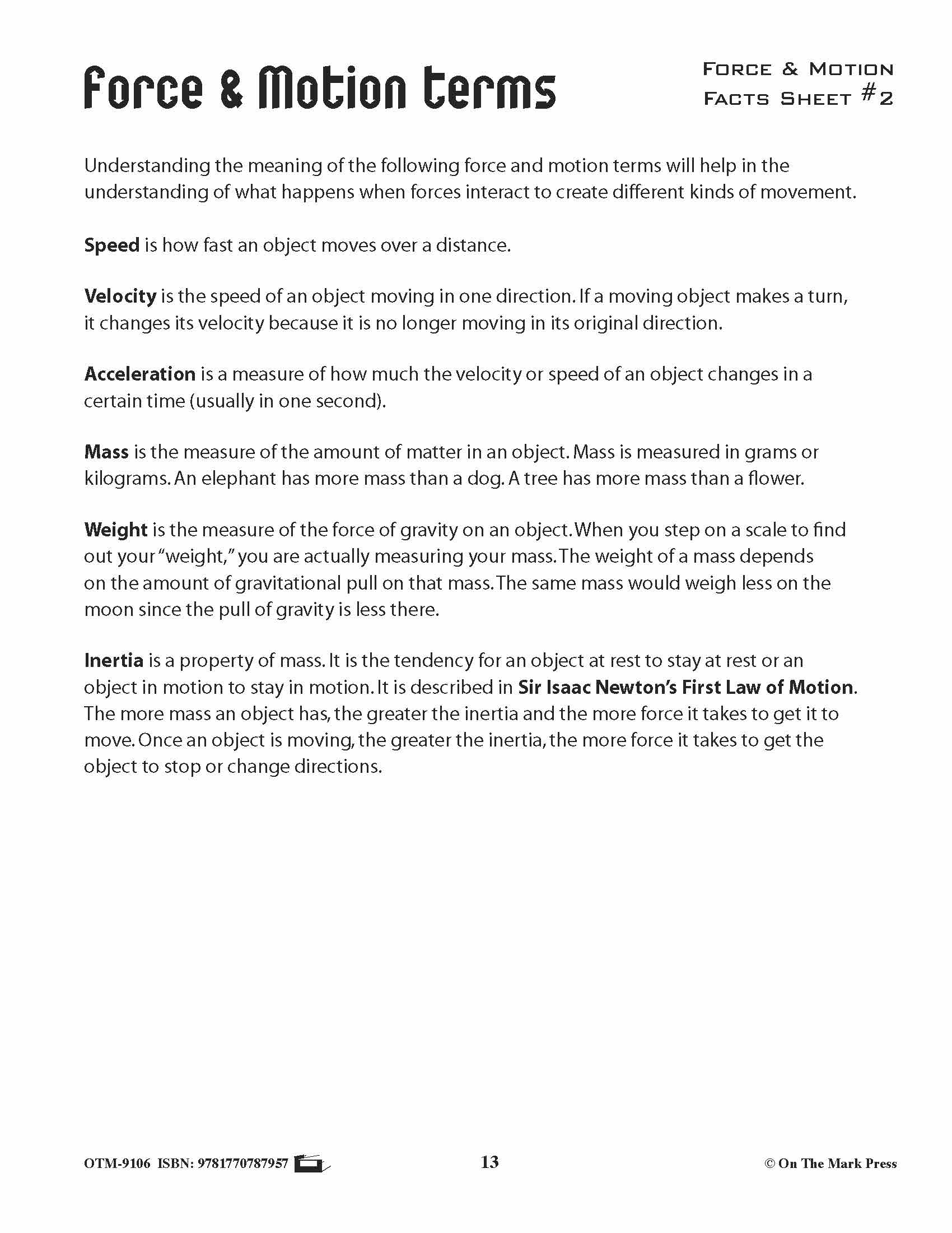 Force & Motion Activity Pages & Mini Poster Grades 4+