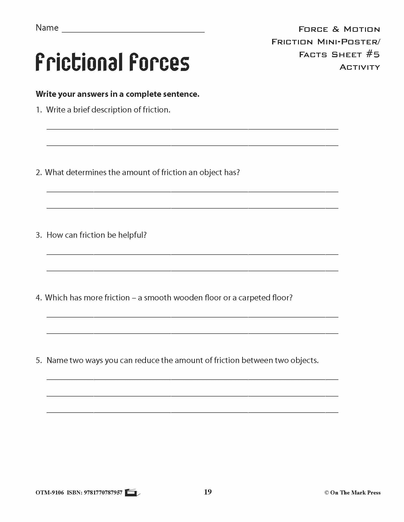 Friction & Resistance Activity Pages & Mini Poster Grades 4+