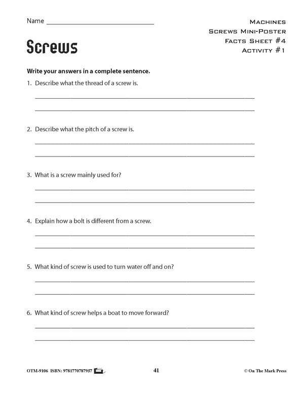 Screw Homework Screws Activity Pages & Mini Poster Grades 4+