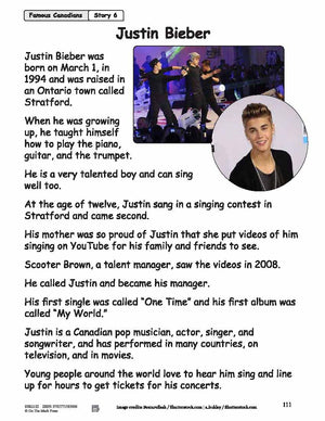 Justin Bieber Reading Lesson Gr. 1-2