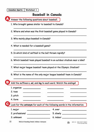 Baseball in Canada Reading Lesson Grades 3-4