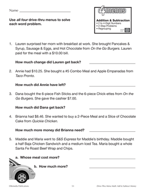 Drive-Thru Menu Math: Add & Subtract Money Gr. 3-5, R.L. 3-4