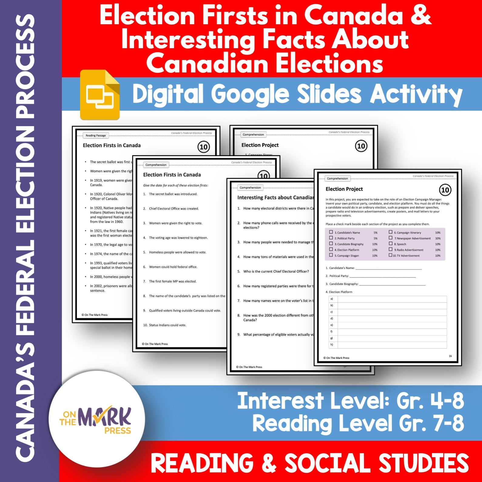 Election Firsts in Canada & Interesting Facts Google Slides & Printables! Interest Level Gr. 4-8, Reading Level Gr. 7-8