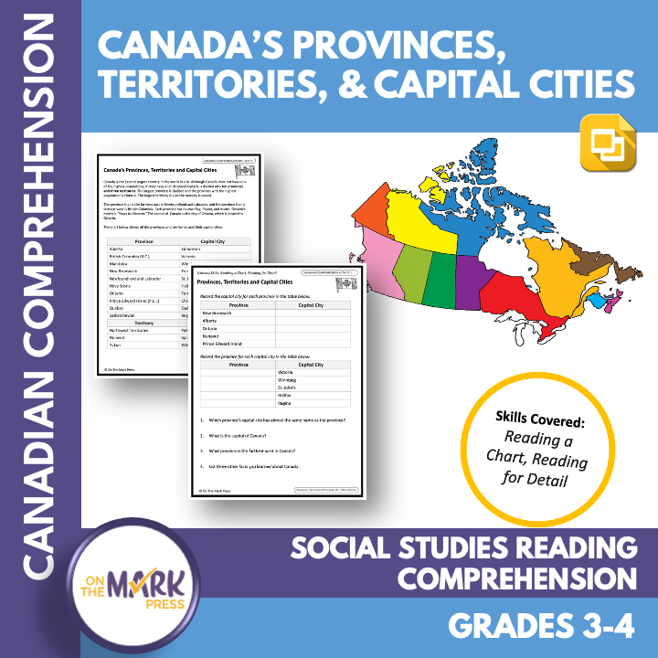 Canada's Provinces, Territories & Capital Cities Reading Gr. 3-4 Google Slides