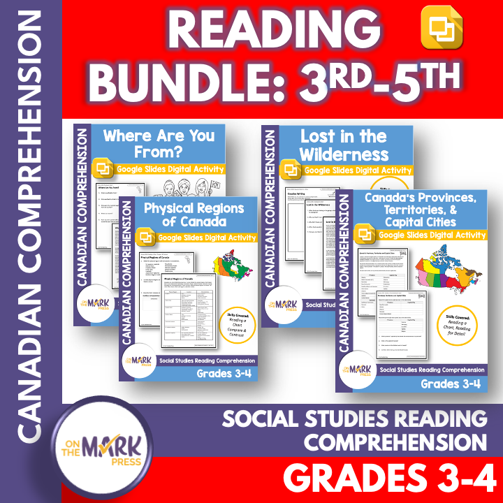 CDN Reading: Provinces, Territories, Caps & Physical Regions Google Slide Bundle Grades 3-4