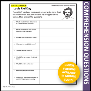 Louis Riel Day Grades 4-6 Google Slides & Printables