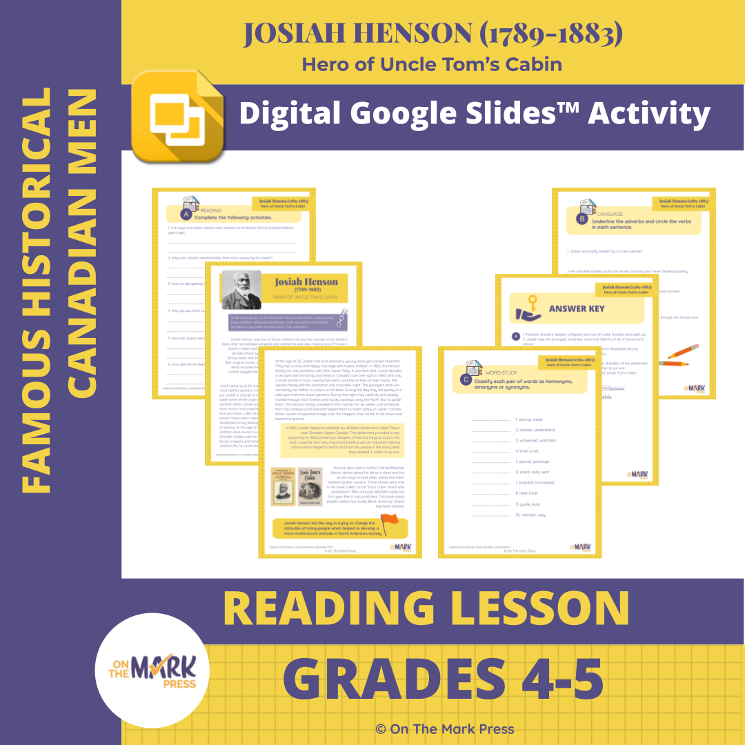 Josiah Henson: Hero of Uncle Tom's Cabin Google Slide & Printables Reading Lesson Grades 4-5