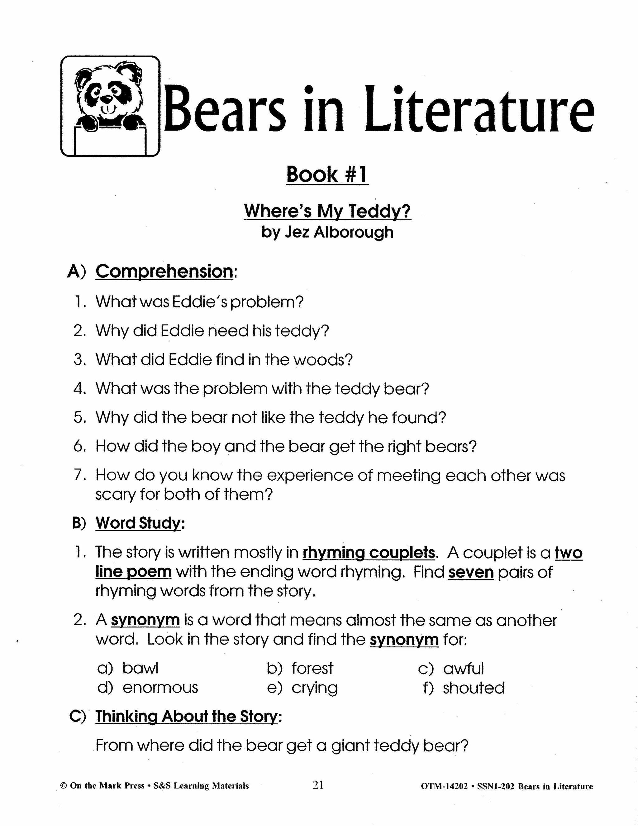 Bears in Literature - Corduroy, Beady Bear, Bearymore and more! Grades 1-3