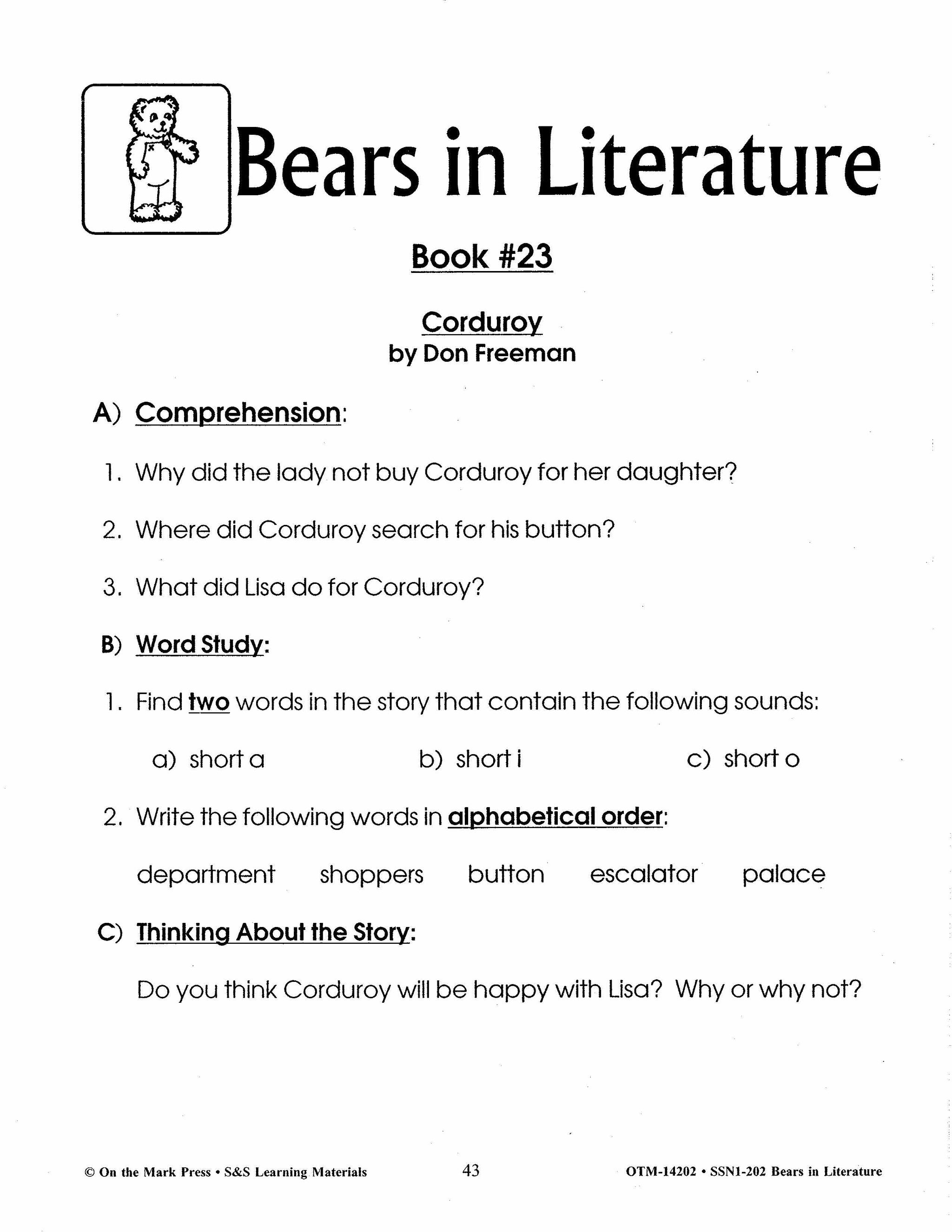 Bears in Literature - Corduroy, Beady Bear, Bearymore and more! Grades 1-3