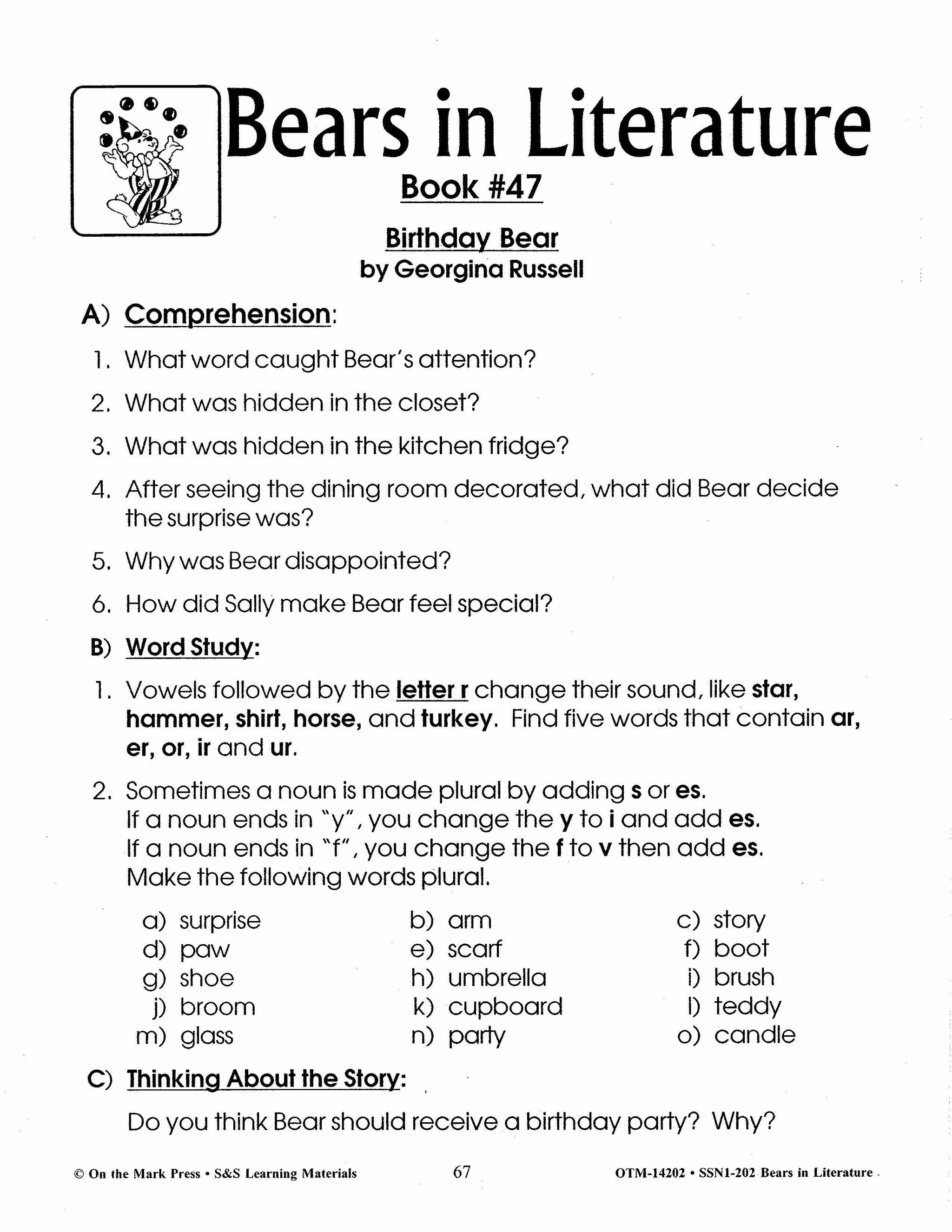 Bears in Literature - Corduroy, Beady Bear, Bearymore and more! Grades 1-3