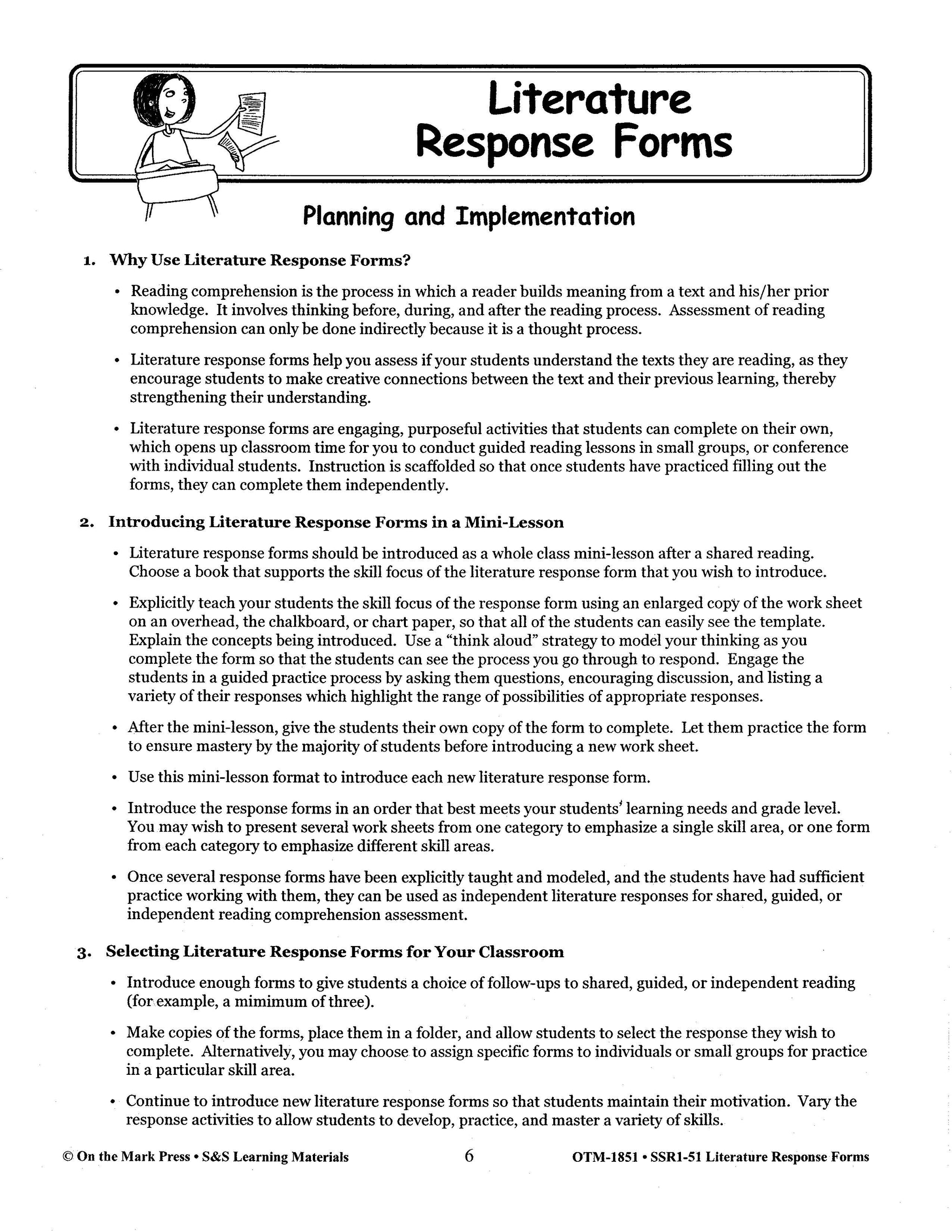 Literature Response Forms Grades 1-3