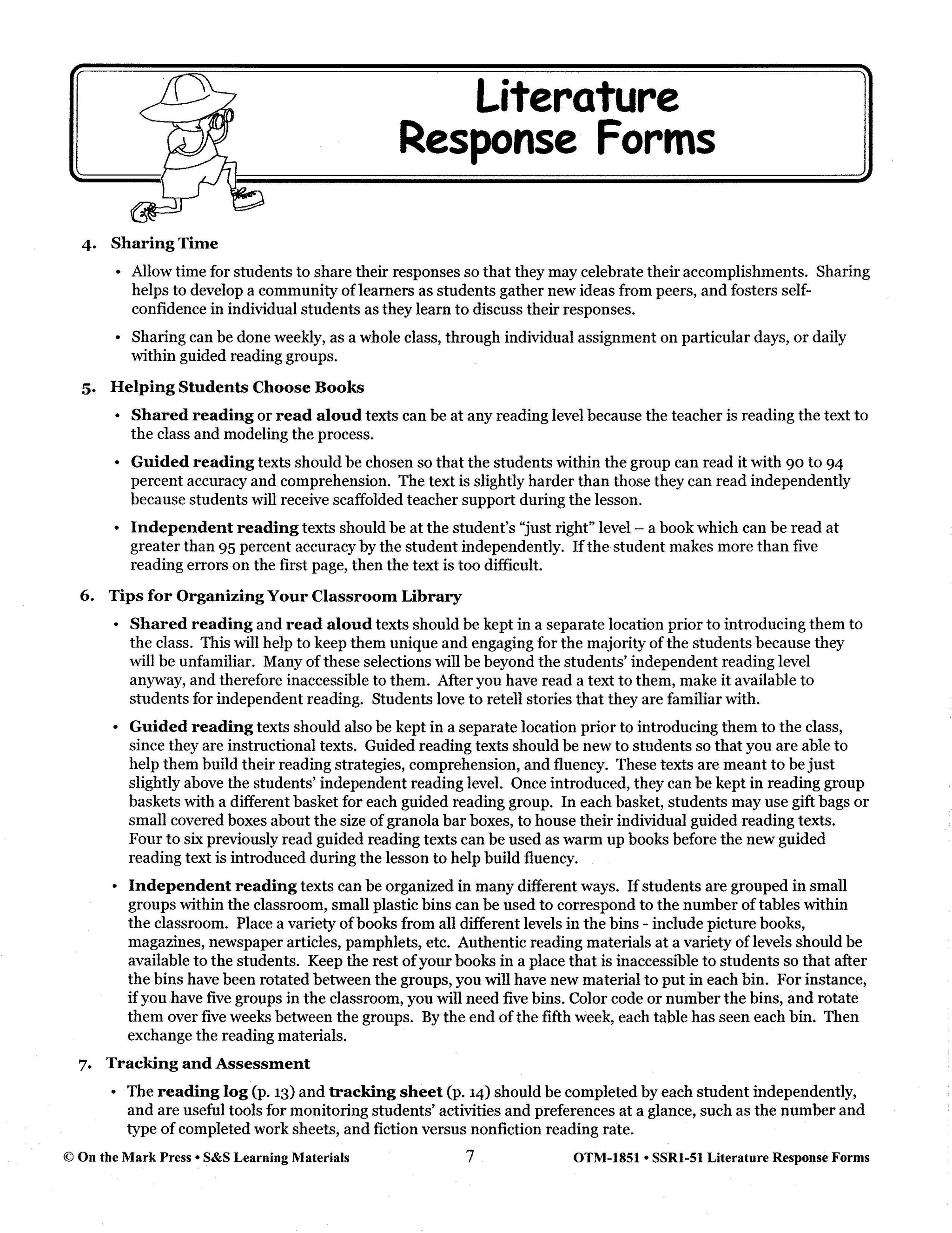 Literature Response Forms Grades 1-3