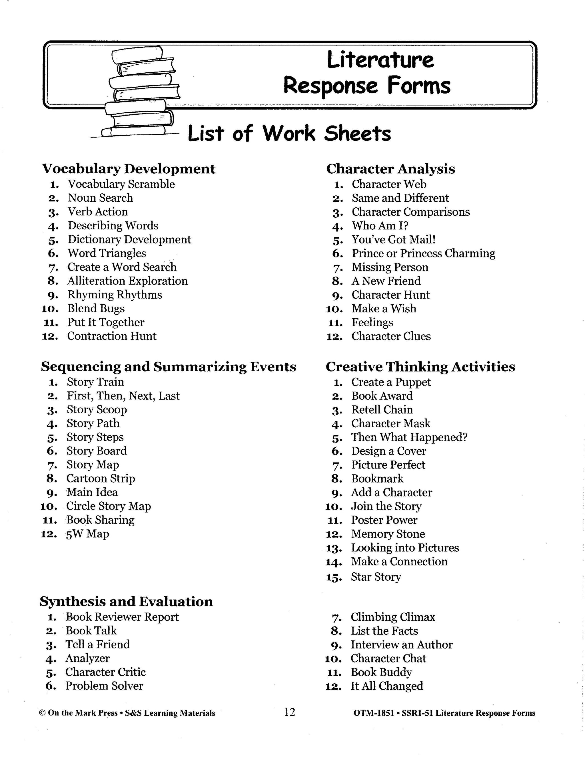Literature Response Forms Grades 1-3