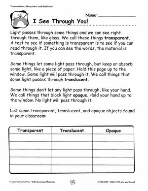 Light and Sound Lessons and Experiments Grades 1-3