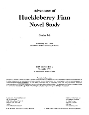 Adventures of Huckleberry Finn, by Mark Twain Lit Link Grades 7-8