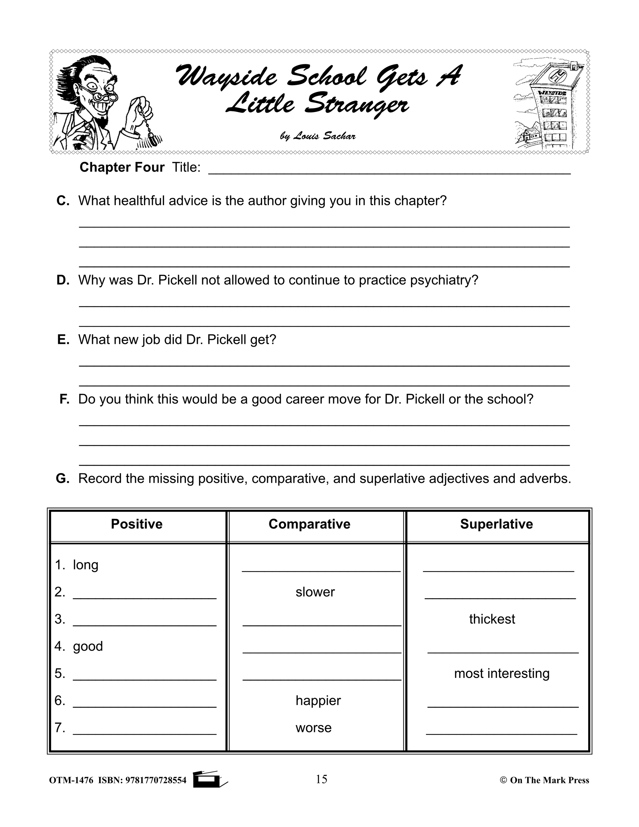 Wayside School Gets a Little Stranger, by Louis Sachar Novel Study Grades  4-6