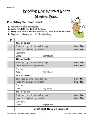 Reading Logs Grades Kindergarten to Grade 1 - The Home and School Connection