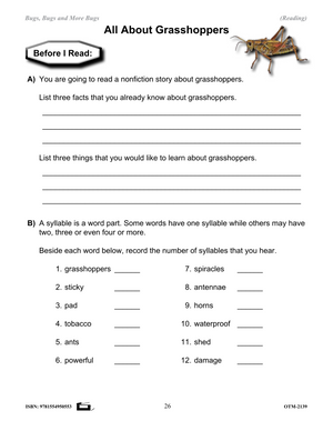 Reading Information Stories and Worksheets on Insects Grades 2-3