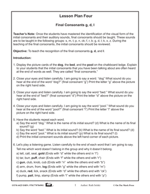 Final Consonants "g,d,l" Lesson Four: Kindergarten - Grade 1