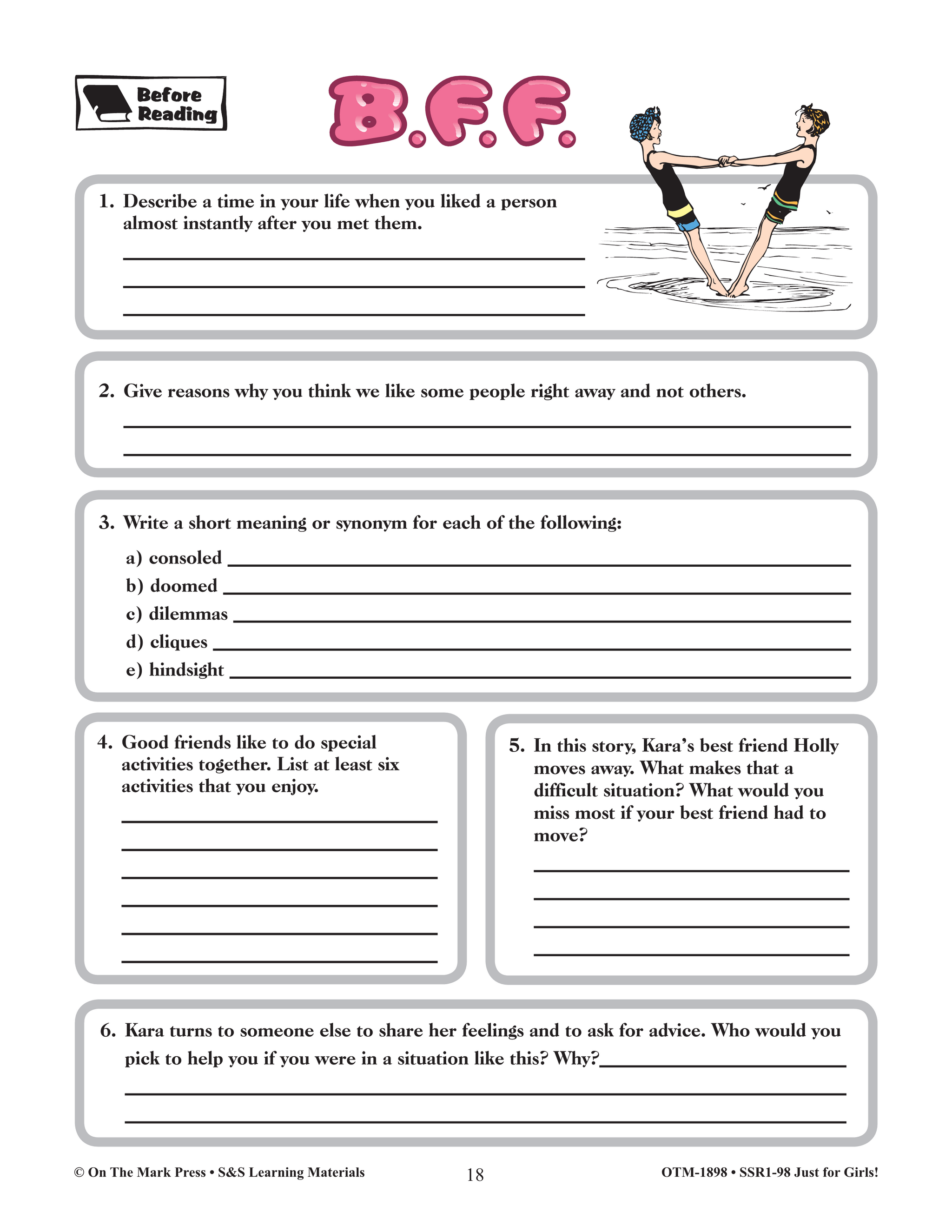 Reading Comprehension Activities For Girls: Fiction Grade 6