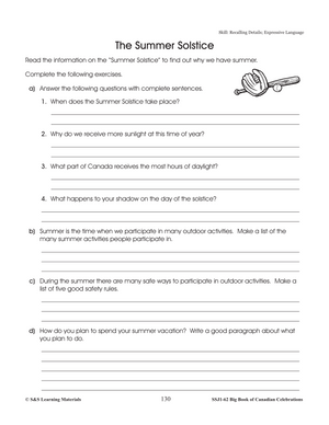 The Summer Solstice Gr. 4-6 Reading Activity and Follow-up Worksheet