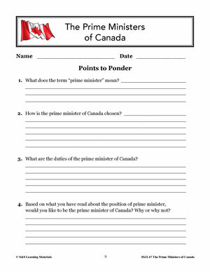 Prime Ministers of Canada Grades 4-8