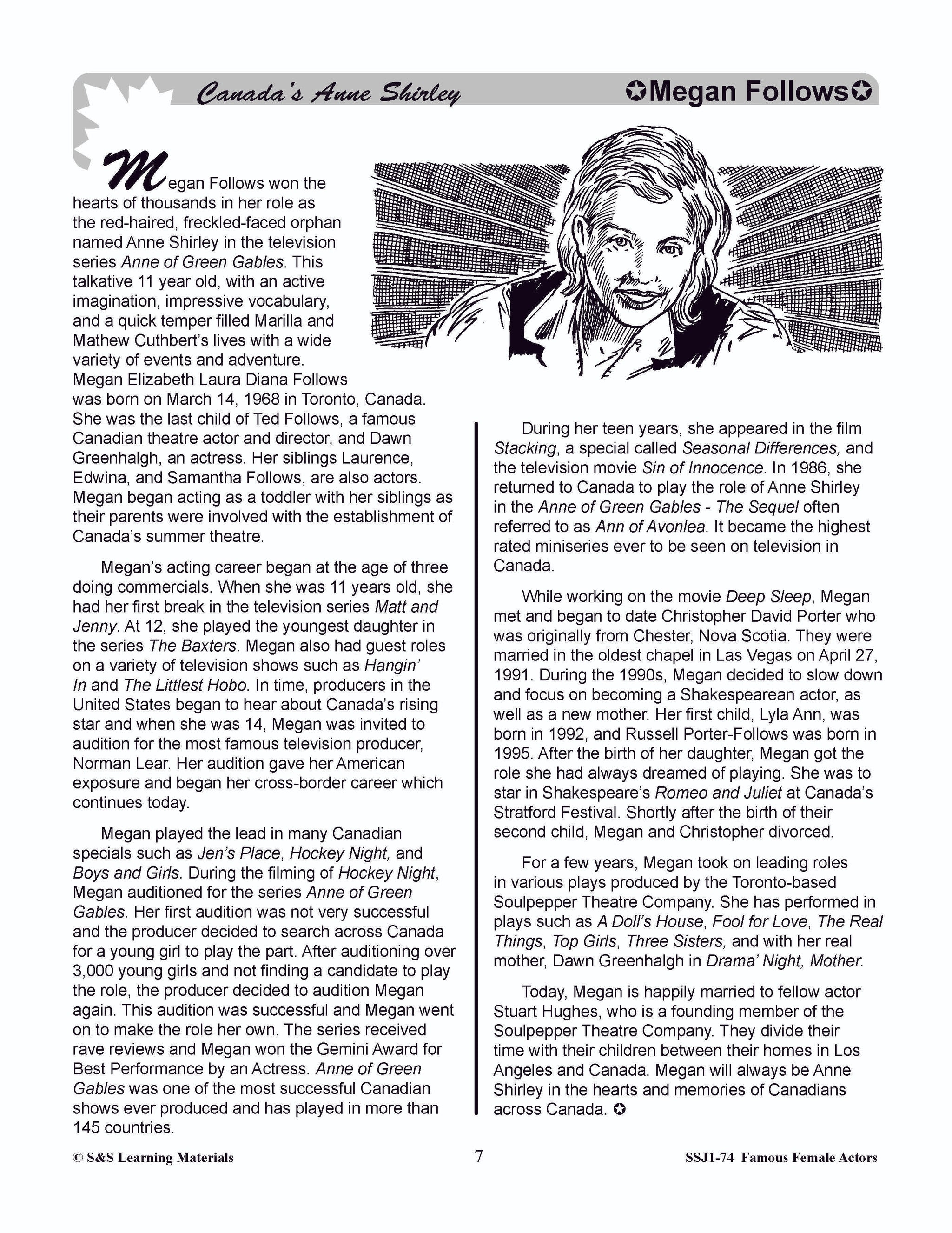 Famous Canadian Female Actors Non Fiction Reading Grades 4-8