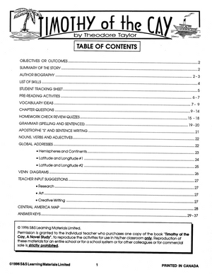 Timothy of the Cay, by Theodore Taylor Novel Study Guide Gr. 7-8