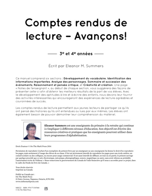 Comptes rendus de lecture: Avançons! 3e à 4e année